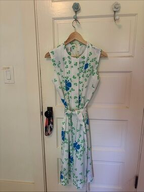 Sleeveless White Dress with Green Clover and Blue Floral Print